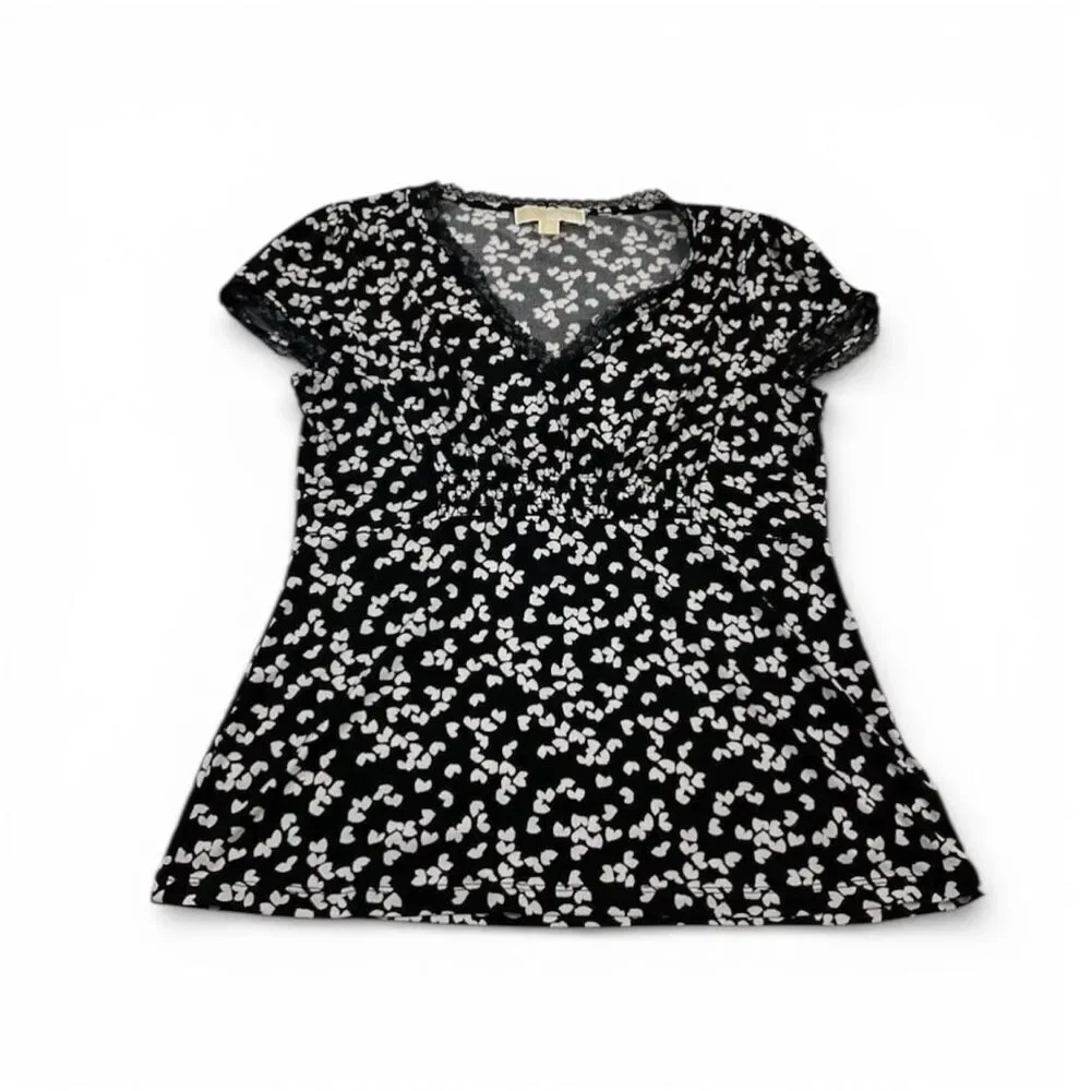 Michael Kors Womens Lace Blouse Black White Stretch Short Sleeve Shirt M Medium